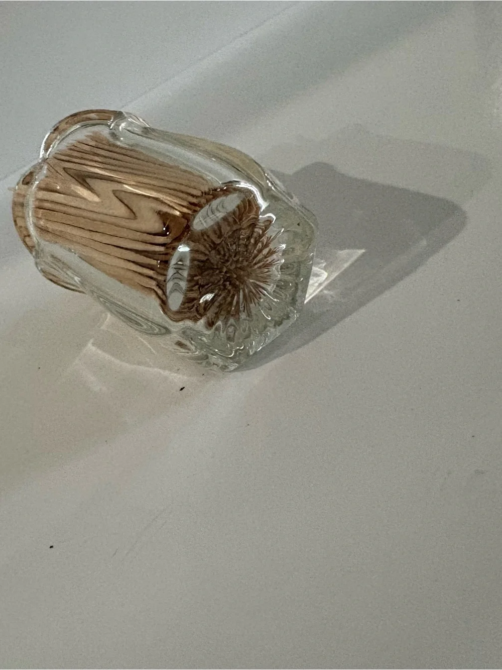 Vintage clear pressed glass toothpick holder w/ a paneled body & scalloped rim